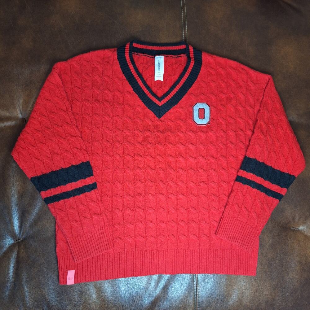Lusso Ohio State Buckeyes Cable Knit V-Neck Sweater Women XL Red Varsity NWOT